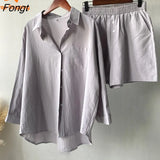 Retro Large Size 2023 Summer Cotton and Linen Shirt Suit High Waist Loose Shorts Two Peice Set for Women Matching