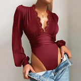 V-neck Long Sleeve Lace Patchwork Bodysuit Women Solid Elegant Women Playsuit Street Spring Autumn Women Body Top