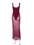 Solid Strap Mesh Bodysuit Maxi Dress-Outfit