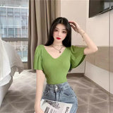 Fongt Small Sexy V-Neck T-Shirt Summer Pink Top Women's Lotus Side Of The Ocean With Thin Collarbones Cover Short