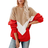 Fongt 2023 Ladies Splice Color Long Sleeved Round Neck Top Sweater Knit