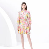Fongt High-End Squeer Hook Lace Dress Women's Waists Thin High-Collar Lantern Sleeves A-Shaped Skirt
