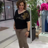 Fongt Sexy Fashion Plus-Size Women's V-Neck Loose Print T-Shirt