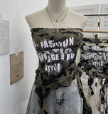 Fongt Shooting Hottie Camouflage Letter Print Chest Vest With Chest Pad Irregular Ribbon Short Top 8088