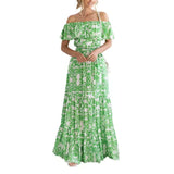 Fongt New Dress Women's One-Word Shoulder Short-Sleeved Printed Lotus Leafy