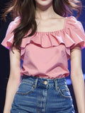 Fongt Leaf Side Pink Short-Sleeved Shirt Women 2025 Summer New Temperament Super Fairy Square Shirt French Top