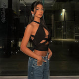 Out Sleeveless Tank Top Women Camisoles Black Top Streetwear Outfits Solid Slim Cross Neck Crop Top Female Summer