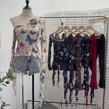Tie Dyed Elastic Mesh Oblique Shoulder Irregular Horn Long-Sleeved T-Shirt Flower Short Floated Female