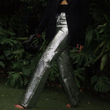 Fongt New Autumn And Winter Silver PU Leather Pants Fashion Scale Pattern High Waist Long Straight Leg Pants Children Style-Outfit