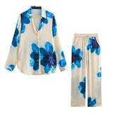Fongt Casual Fashion Set Vertical Trousers Women's Autumn Big Flower Print Shirt