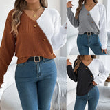 Fongt Shooting 2025 Autumn And Winter Casual V-Neck Button Bump Color Lantern Sleeve Sweater