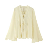 Fongt Women's New Lace Decoration Chiffon Loose Long-Sleeved Shirt Top