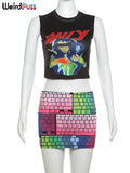 Sexy Y2K 2Piece Set Women Stretch Graphics Print Tank Tops+Keyboard Skirt Hipster Trend Streetwear Cool Matching Suit-Outfit