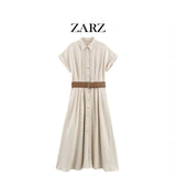 Fongt Homemade New Women's Dress With Belt Linen-Blend Mixed Muffled Dress 8372105