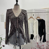 Fongt Wind To Make Old Hole Horn Long Sleeve Open Shirt Tie With Lotus Leaf Side V Collar Sunscreen Shirt 9280