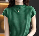 Summer New Half-High Collar Knitted Short-Sleeved Women's Thin T-Shirt With Loose Knitted Half-Sleeved Vest