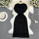 Fongt Summer French Retro Temperament Polo Collar Loose Belt A-Word Knitted Dress Casual Dress
