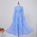Fongt Spring Dress New Elegant Famous Color Nails Half High-Collar Lantern Sleeve Flowers With Large Skirt Dress
