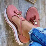 New Women Summer Sandals Fashion Buckle Strap Solid Fringe Cover Heel Flat Platform Heel Casual Ladies Plus Size