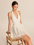 Fongt New Women's White Lace Dress French Sleeveless Hanging Neck V-Neck Dress