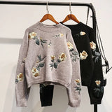 Women Sweaters And Pullovers O-Neck Long-Sleeved Short Flower Embroidery Loose Short Lady Elegant Pulls Outwear Coat