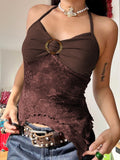 Boho Vintage Print Mesh Patchwork Crop Top Women V Neck Camis Y2K Streetwear Female Coquette Aesthetic Clothes 2024-Outfit