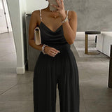 Fongt New Pearl Slings Wide Legs Sleeveless V-Neck-Clenable Trousers