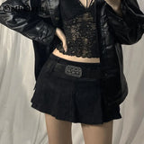 Dark Mall Gothic Grunge Black Denim Mini Skirts Punk E-Girl Y2k White Women Micro Skirt Pleated High Waist Sexy