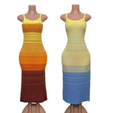 Fongt Retro Gradient Striped Knitted Dress Sleeveless Sling Skirt Slime-Skinny Sweater Skirt
