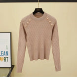 Sleeve O-neck High Quality Sweater Shirts With Decorated Buttons Girls Stretchy Crop Tops Autumn Sweaters Pullovers Women-Outfit
