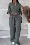 Fongt New Women's Solid Color Single-Button Long-Sleeved Shirt Two Sets Of Wide Leg Trousers With