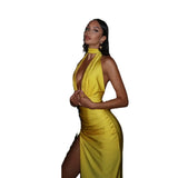 Fongt Summer Women's Sexy V Neck Hanging Back Dress Temperament Slit Dress