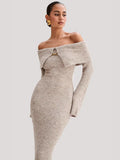 Fongt Women's Elegant Style Fashion Collared Shoulder Dress Knitted Long Dress