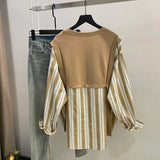 Women's Clothing Casual Striped Loose Blouse Korean Fake Two Pieces Round Neck Button Spring Autumn Basic Spliced Commute Shirt-Outfit