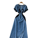 Fongt Elegant Denim Dress Woman 2025 Summer High-End Heavy Industry Diamond Embroidery Waist V-Neck Short-Sleeved Long Dress