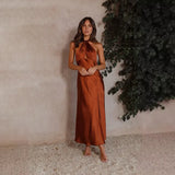 Fongt Spring Summer New Women's Sexy Waist Hanging Neck Open Fork Long Color Sleeveless Dress Woman