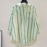 Fongt 2025 Spring And Autumn New Korean Version Of Small Fresh Cardigan Striped Print Single Pocket Loose Long-Sleeved Shirt Woman