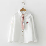 Cartoon Cat Embroidery Cotton White Shirt Turn-Down Collar Button Up Cute School Girls Blouse With Pink Tie Feminina