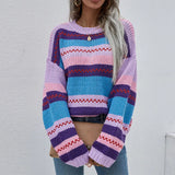 Patchwork O-neck Women's Sweater 2021 Autumn Winter Long Sleeve Drop Shoulder Female Pullovers Loose Fashion