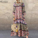 Autumn 3/4 Sleeve Polka Dot Printed Long Dress Vintage Women's Cotton Linen Dresses Female Kaftan Vestido Femme