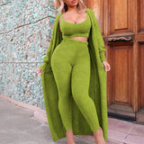 Women's autumn and winter fashion solid color sexy suspenders long coat trousers plush suit women's three-piece set Vestidos-Outfit
