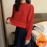 Thicken Plus Velvet Knitted Sweater Women's Slim Warm Plush Lined Knit Tops Korean Basic Knitwear Jumper Casual