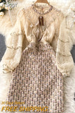 French Dress Women Vintage Pencil Dresses Spring Autumn Long Sleeve Lace Pearl Bead Office Dress