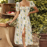 Fongt Women's New Broken Flower Collar Sexy Open Fork Spring Dress Women