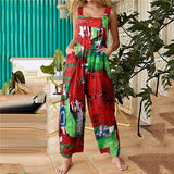 Women Casual Floral Print Strappy Dungarees Vintage Cotton Linen Loose Party Long Harem Overalls Rompers