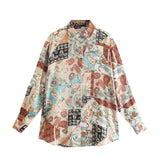 Fongt New Women's Autumn Printing Multi-Color Silk Sipping Long-Sleeved Collar Loose Shirt Top