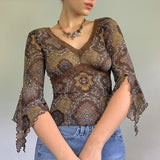 Vintage Flared Sleeve T Shirt Woman V Neck Slim Crop Top Kawaii Tee Shirts Tops Autumn Female Clothing Fairy Grunge 2023 703-0-Outfit