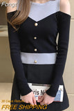 Fake Two Patchwork Knitted Sweater Women Autumn Slim Sexy Off Shoulder Sweaters Cropped Pullover 2023 Winter Woman