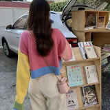 Fongt Splicing Short Head Sweater Female Spring And Autumn Korean Soft Waxy Show Thin Age Reduction Sweet Sweater Long Sleeve Jacket-Outfit