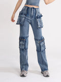 Vintage Jeans Trousers Women 2025 Summer New Fashion Design Style Interface Bag High-Waist Straight